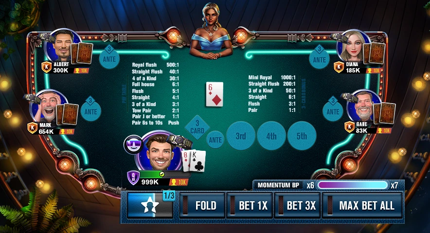 Mississippi Stud table revealing 6♦ on the 4th Street with A♣ Q♠ as player’s hand and active betting buttons.